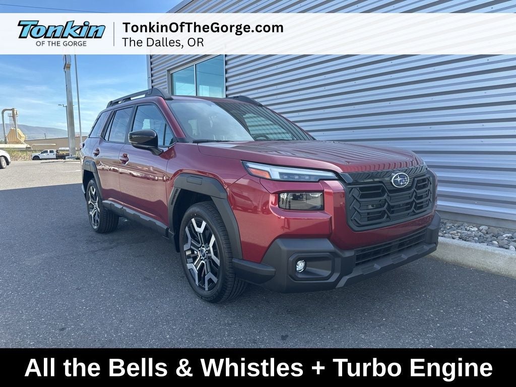 2026 Subaru OUTBACK Touring XT in Crimson Red Pearl — front three-quarter view
